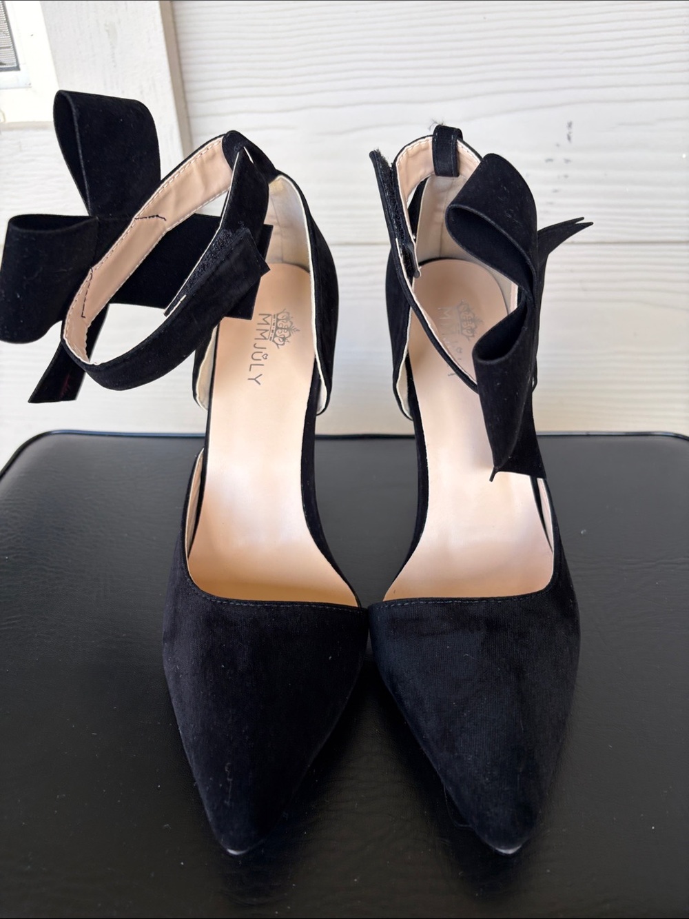 DSW Black Suede Pointed Toe Bow Ankle Strap Heels